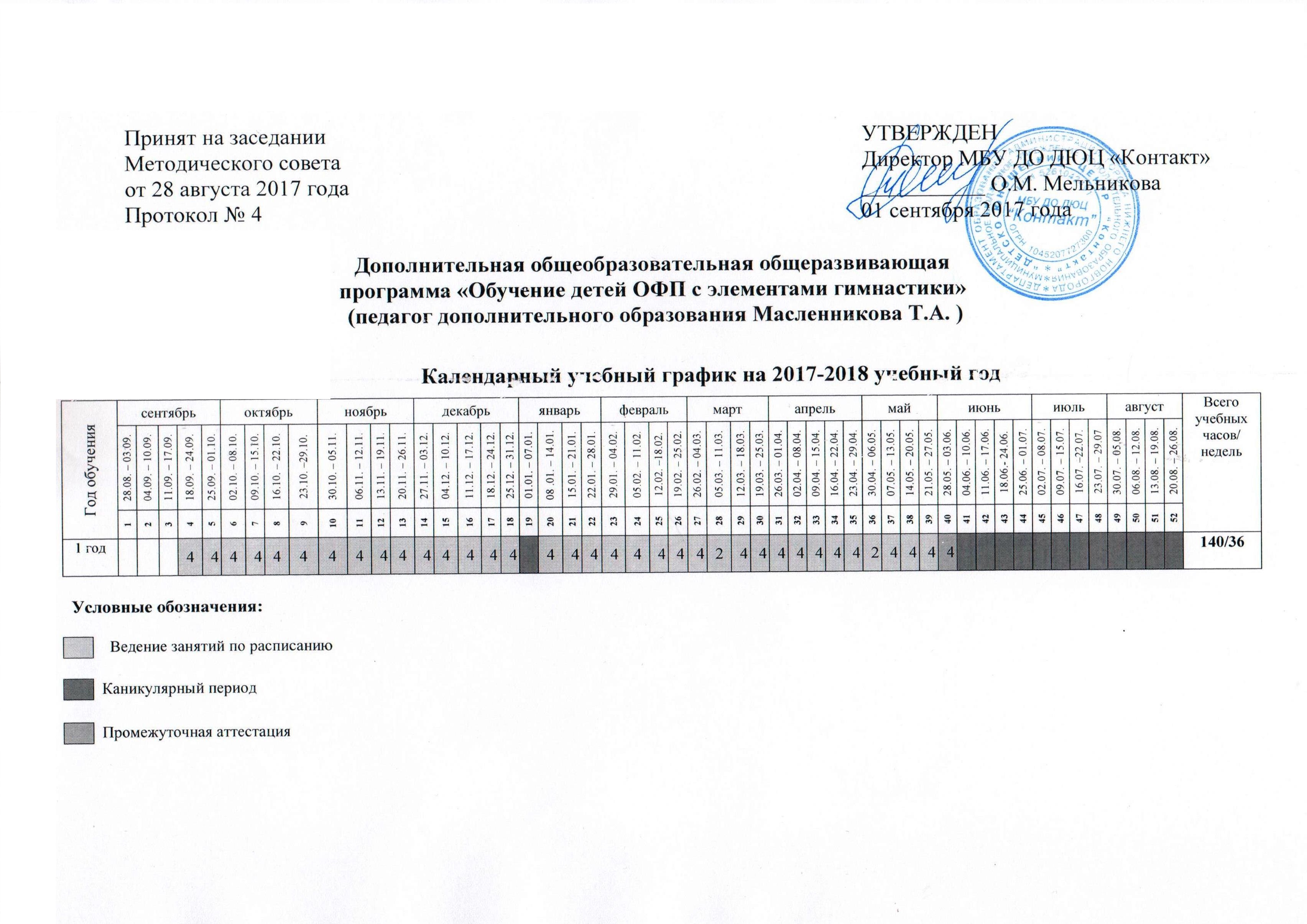 Календарный учебный график в дополнительном образовании образец